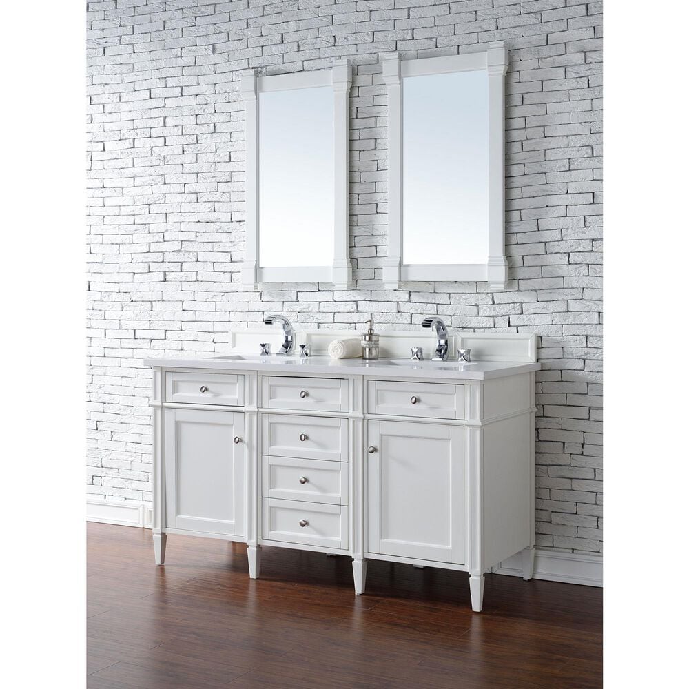 James Martin Brittany 60&quot; Double Bathroom Vanity in Bright White with 3 cm White Zeus Quartz Top and Rectangular Sinks, , large