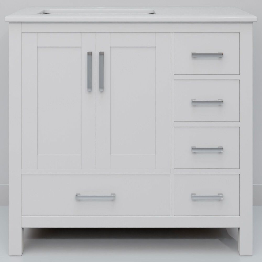 Lexora Home Jacques 36&quot; Left Offset Single Bathroom Vanity in White with 2 cm White Quartz Top and Rectangular Sink, , large