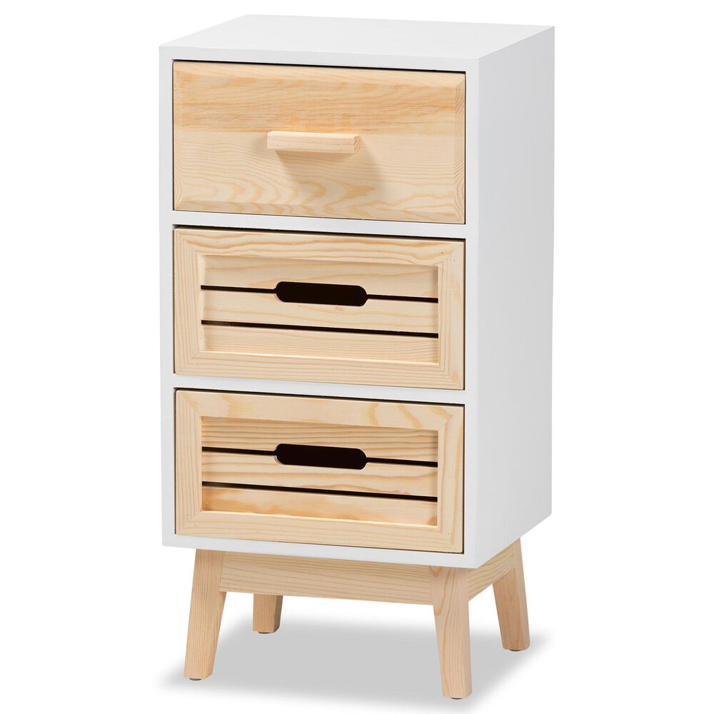 Baxton Studio Kalida 3-Drawer Storage Cabinet in White and Oak Brown, , large
