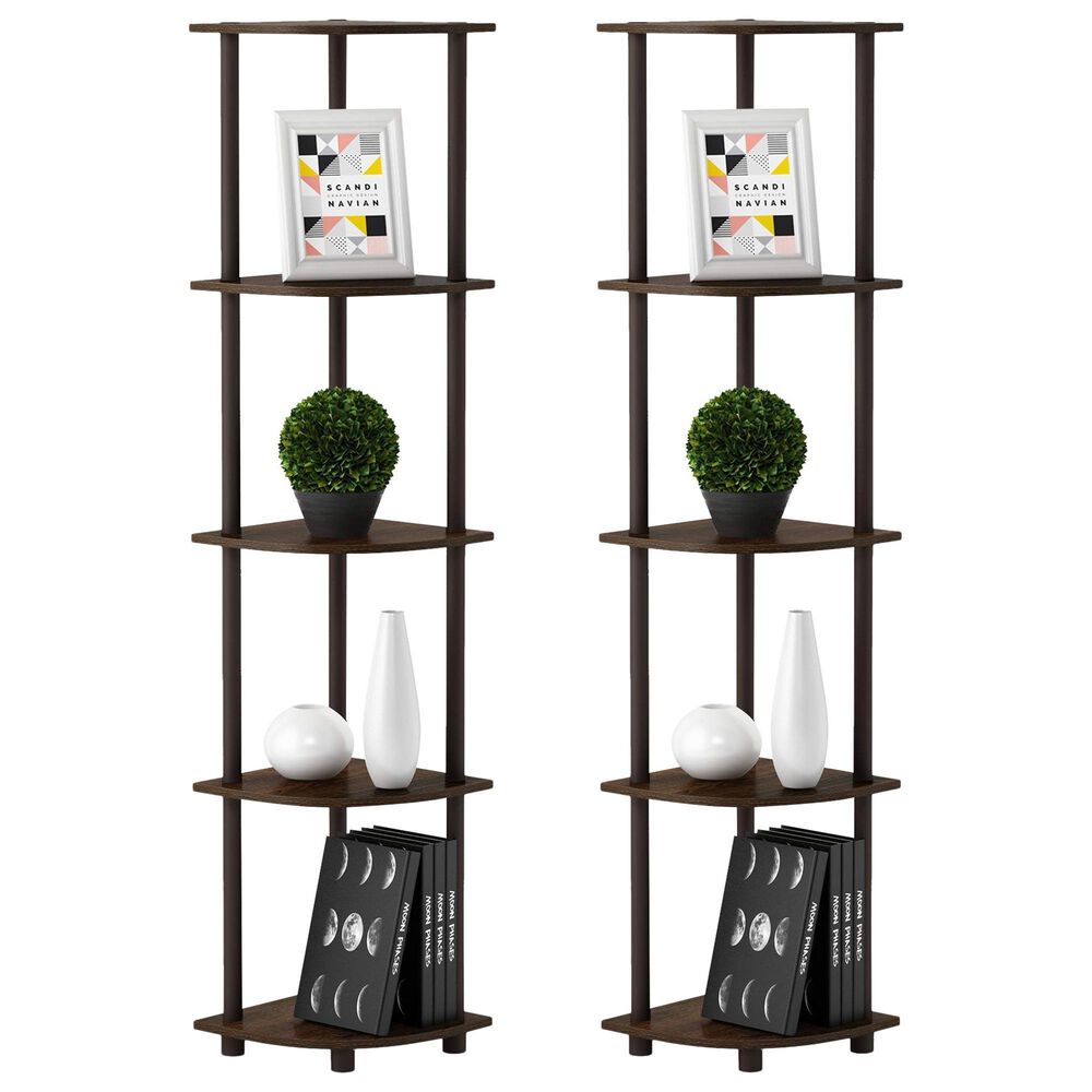 HOMLUX 5-Tier Multi-Purpose Corner Open Bookshelf in Walnut and Brown (Set of 2), , large