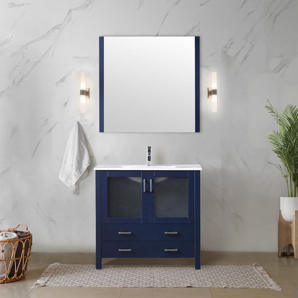 Lexora Home Volez 36&quot; Single Bathroom Vanity in Navy Blue with 2 cm White Ceramic Top and Rectangular Sink, , large