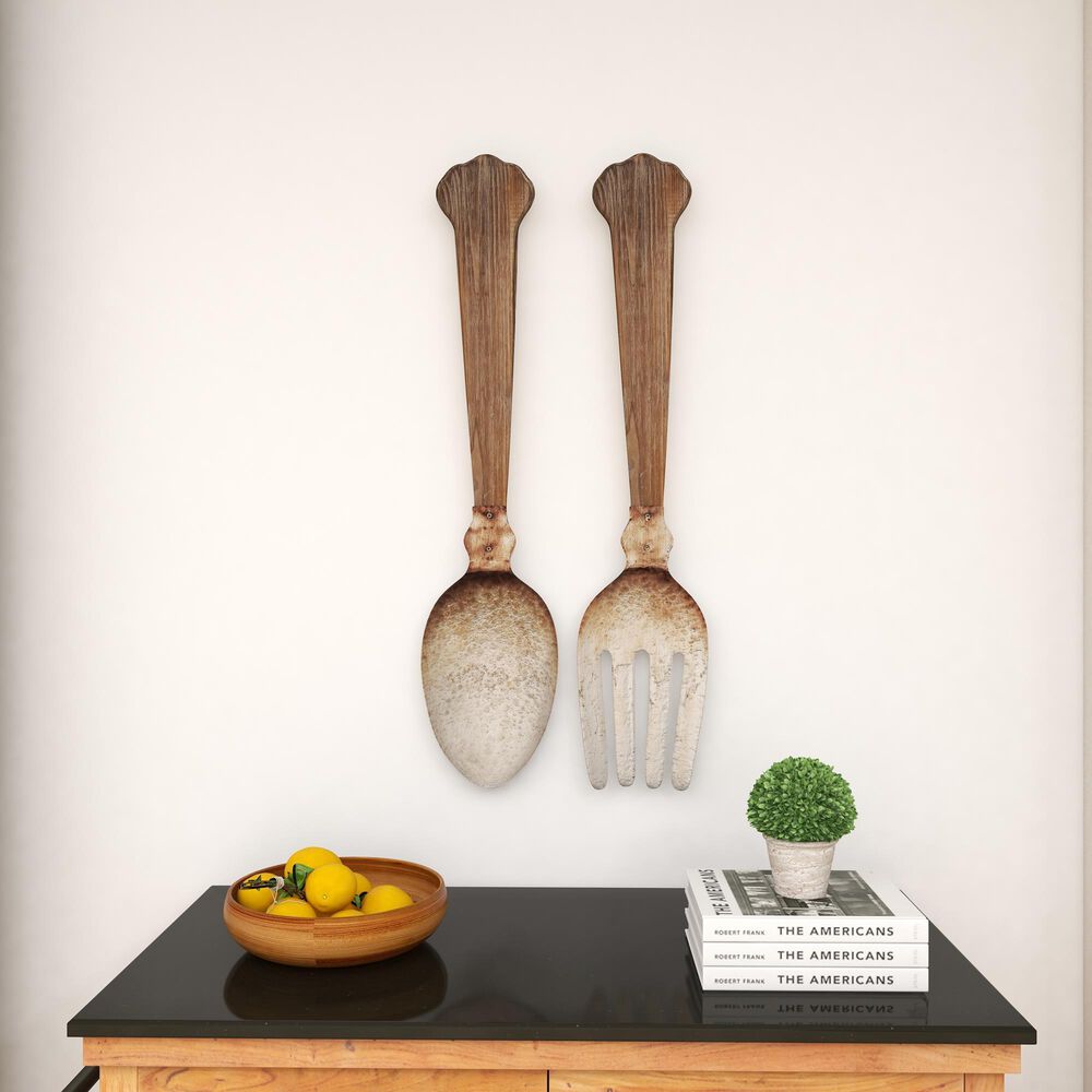Maple and Jade 38&quot; x 8&quot; Farmhouse Kitchen Utensils Wall Decor in Brown and Silver &#40;Set of 2&#41;, , large