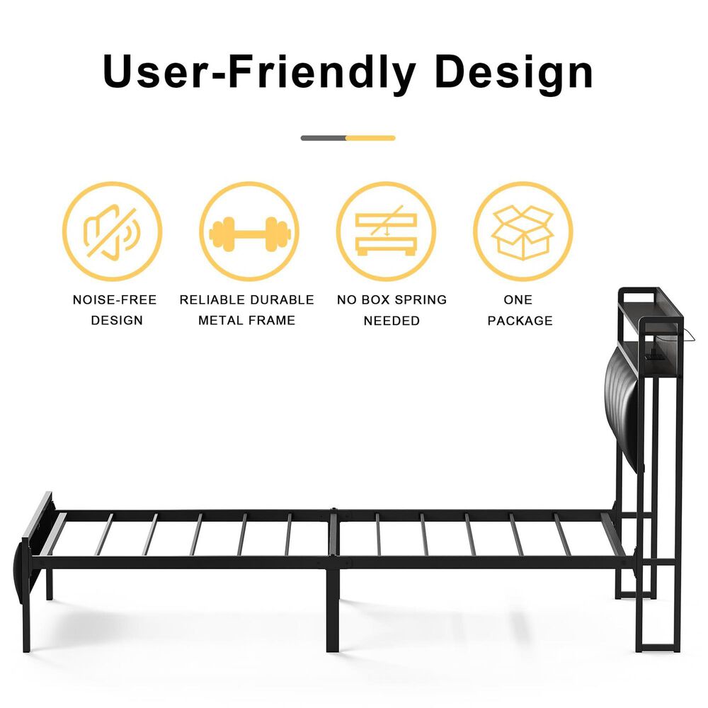 HOMLUX Twin Upholstered Bookcase Bed with LED Headboard with Charging Station in Black, , large