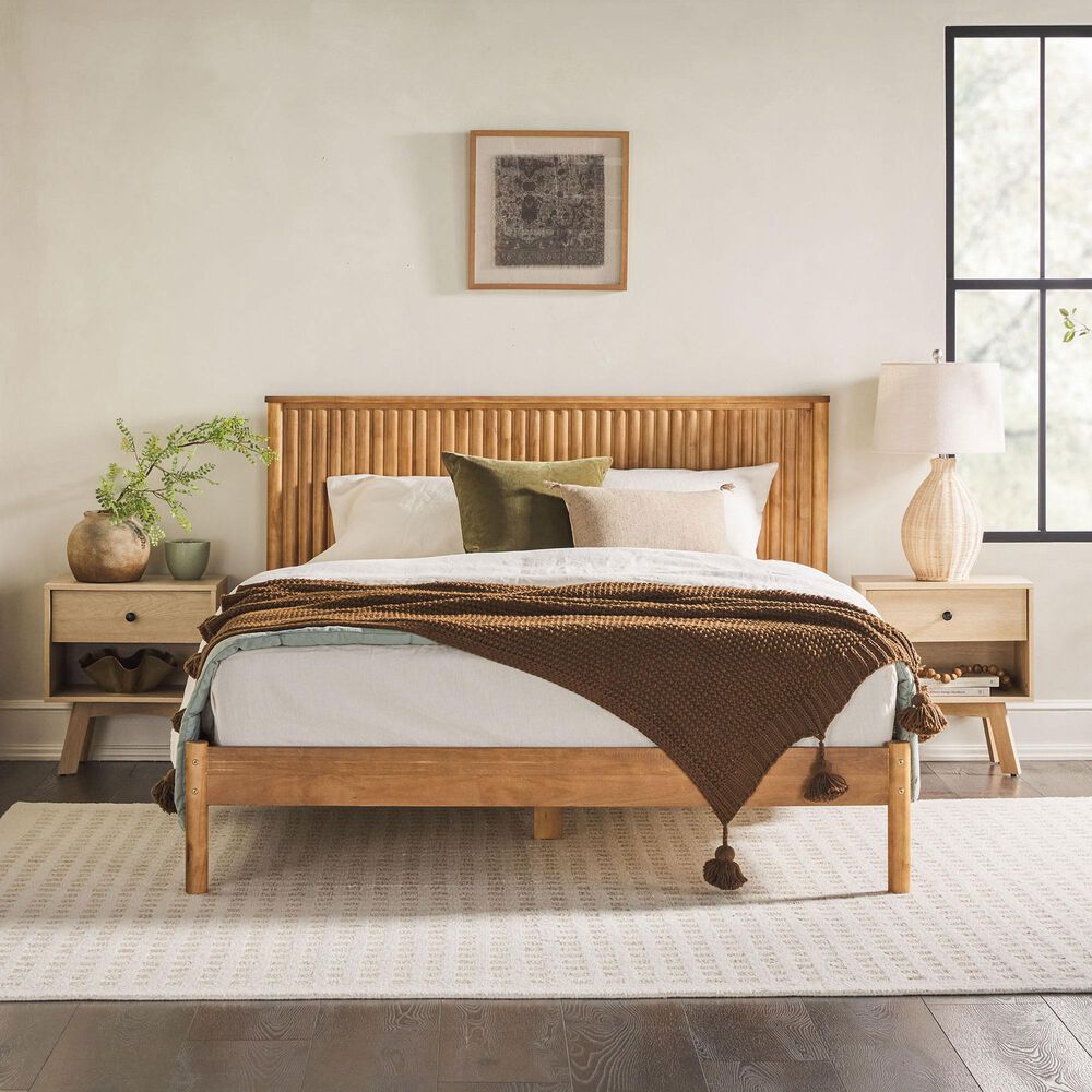 Walker Edison Paris Queen Platform Bed with Reeded Headboard in Blonde, , large