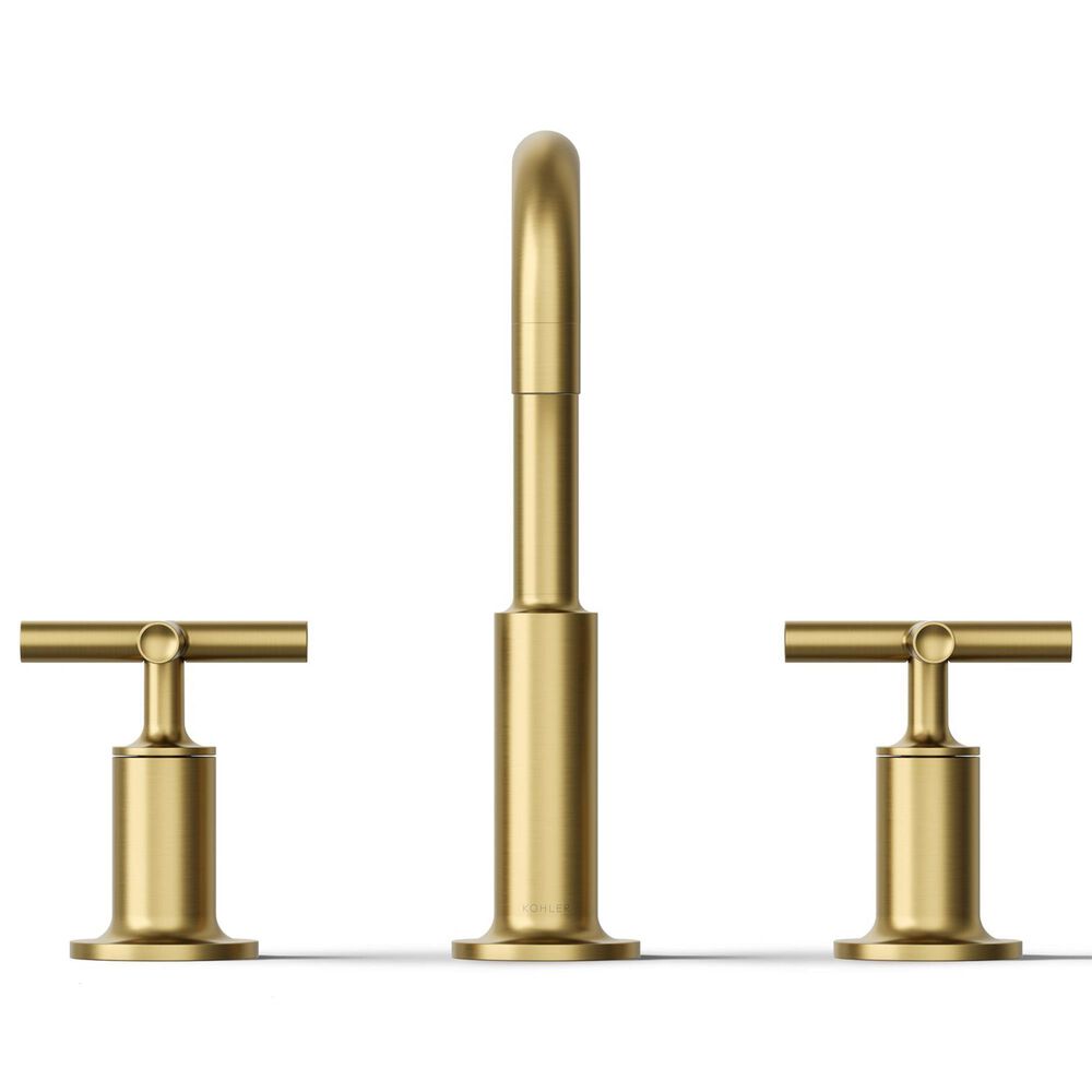 Kohler Purist Widespread Bathroom Sink Faucet with Cross Handles and High Gooseneck Spout in Vibrant Brushed Moderne Brass, , large