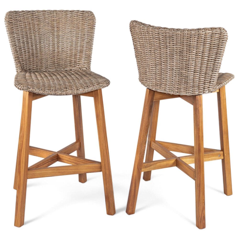 Hearth and Haven Lymington Outdoor Wicker Barstool with Teak Frame in Light Brown (Set of 2), , large