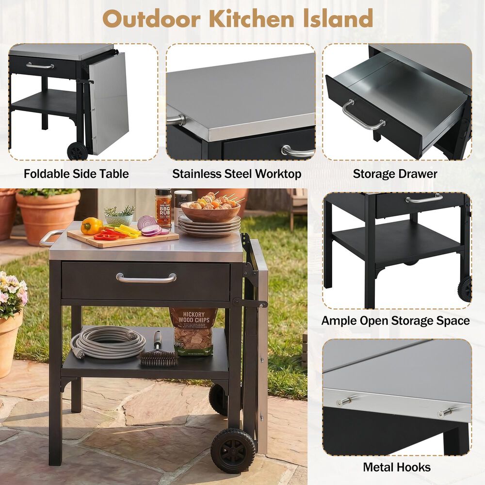 Hearth and Haven Outdoor Foldable Kitchen Cart with Side Table in Black, , large