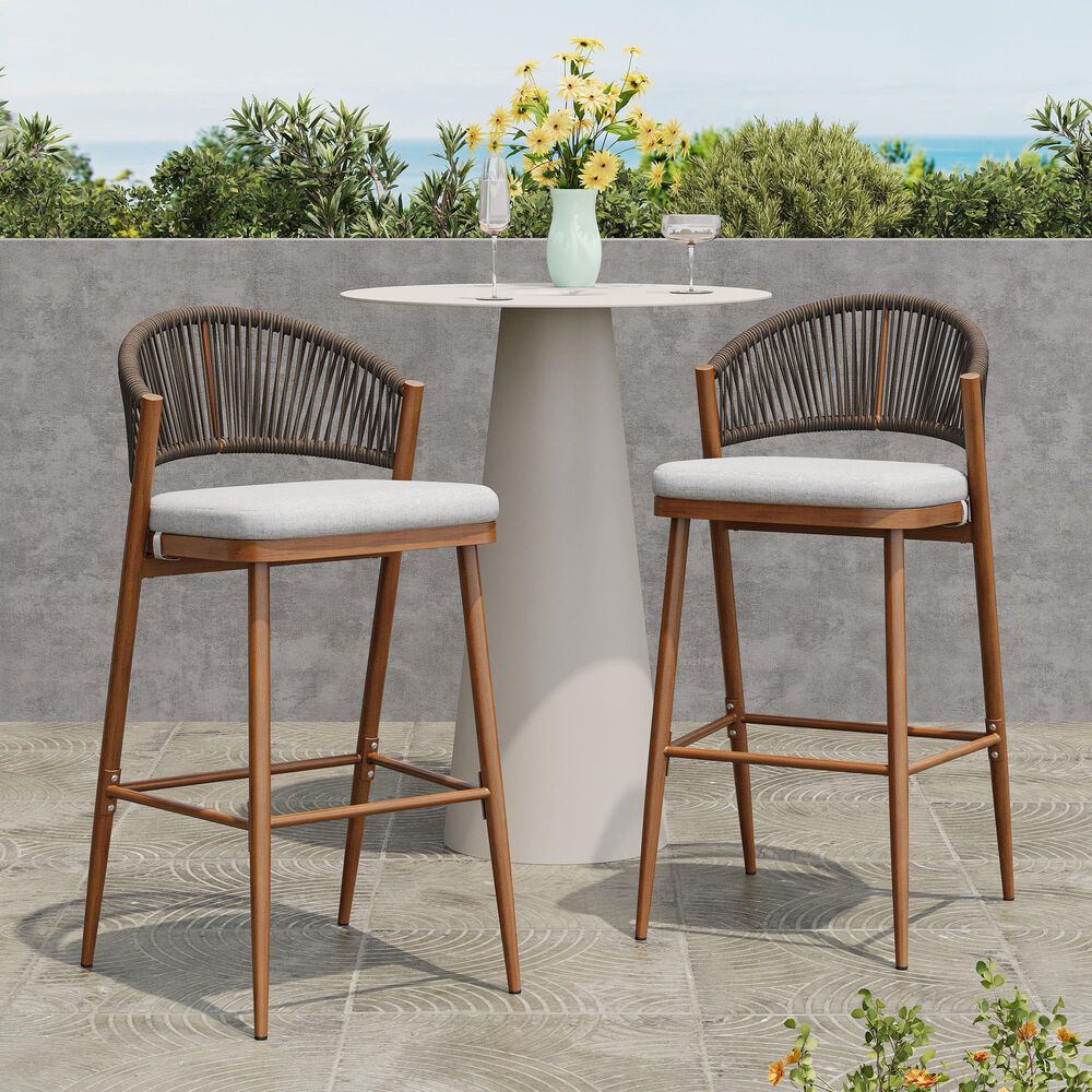 Hearth and Haven 30" Outdoor Barstool with Teak Frame in Light Gray (Set of 2), , large