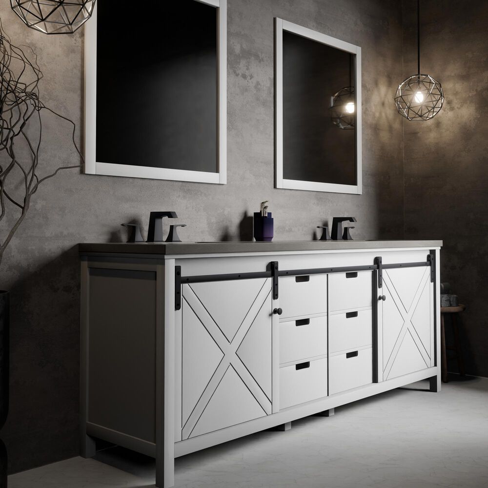 Lexora Home Marsyas 84" Double Bathroom Vanity in White with Grey Quartz Top and Rectangular Sinks, , large