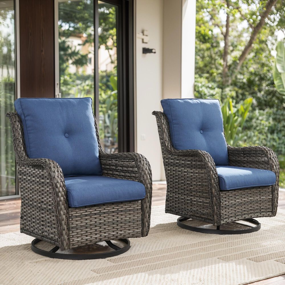 Sunwell Garden Patio Swivel Rocker Chair with Gray Rattan in Navy (Set of 2), , large