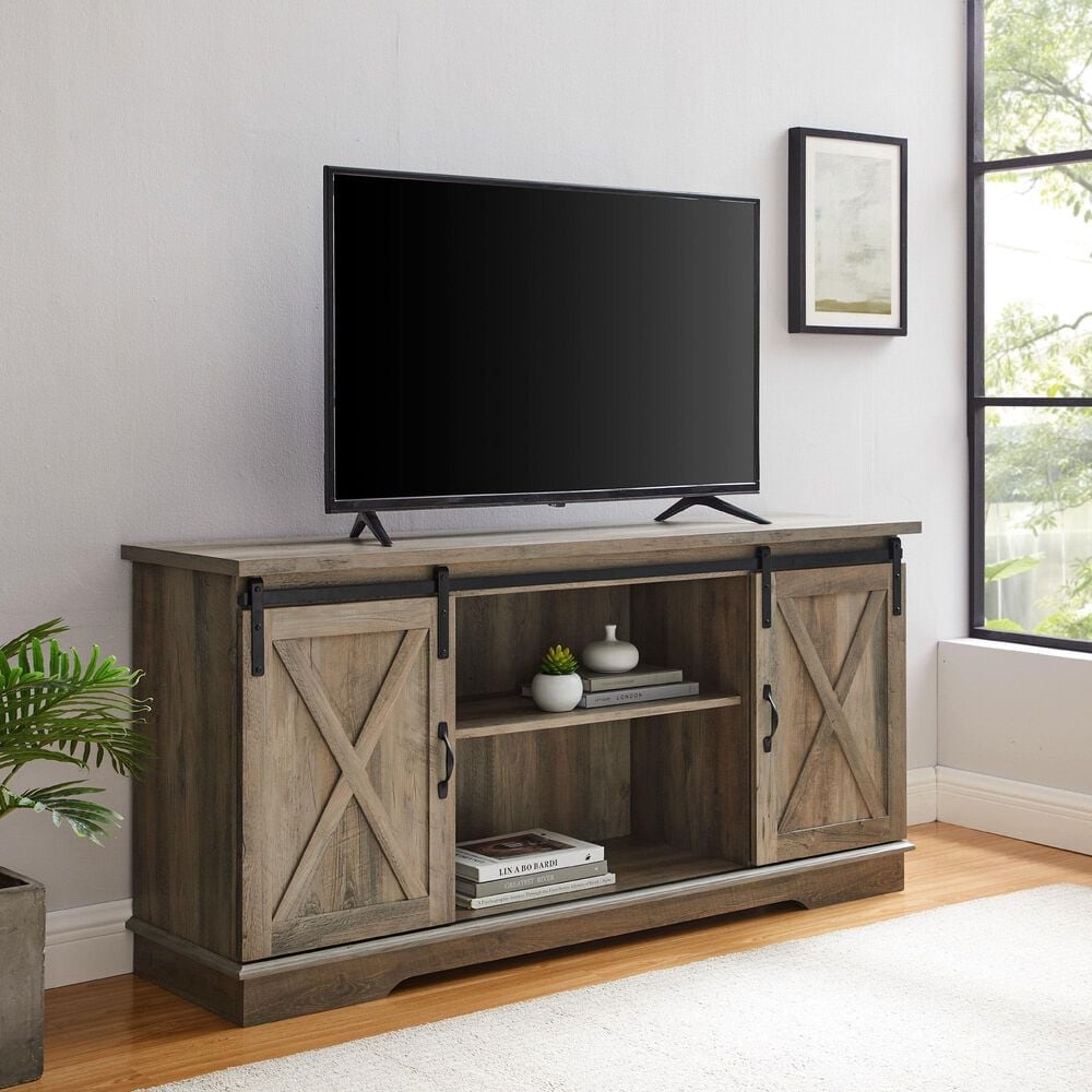 Walker Edison 58&quot; Sliding Barn Door TV Stand in Grey Wash, , large