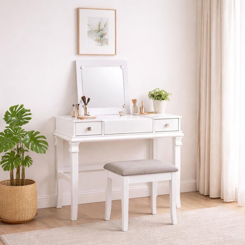 Linon Home Decor Angela Vanity with Stool in White, , large