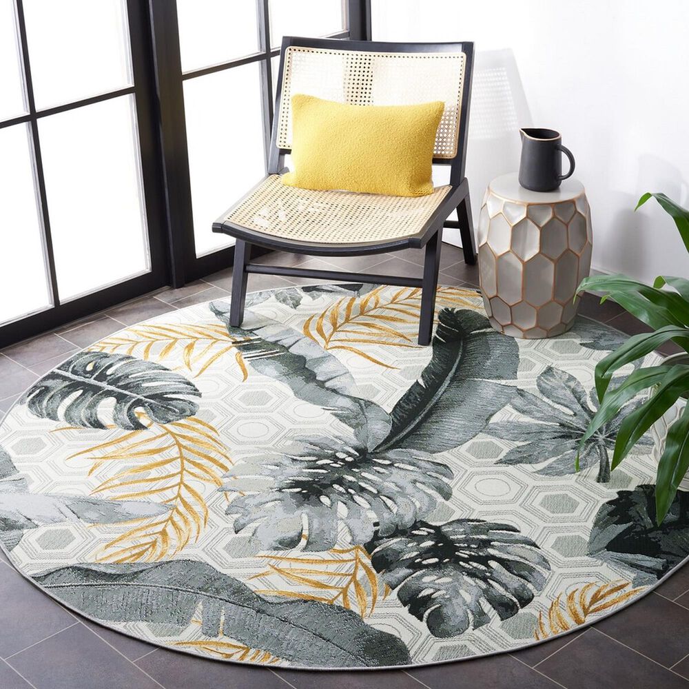 Safavieh Barbados Tropical Botanical 8&#39; Round Grey and Gold Indoor/Outdoor Area Rug, , large