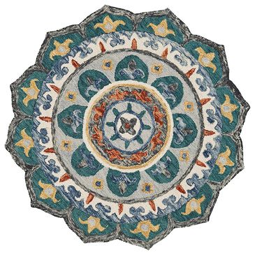 L&R Resources Sinuous Eclectic Floral Mandala 6" Scalloped Green and Multicolor Area Rug, , large