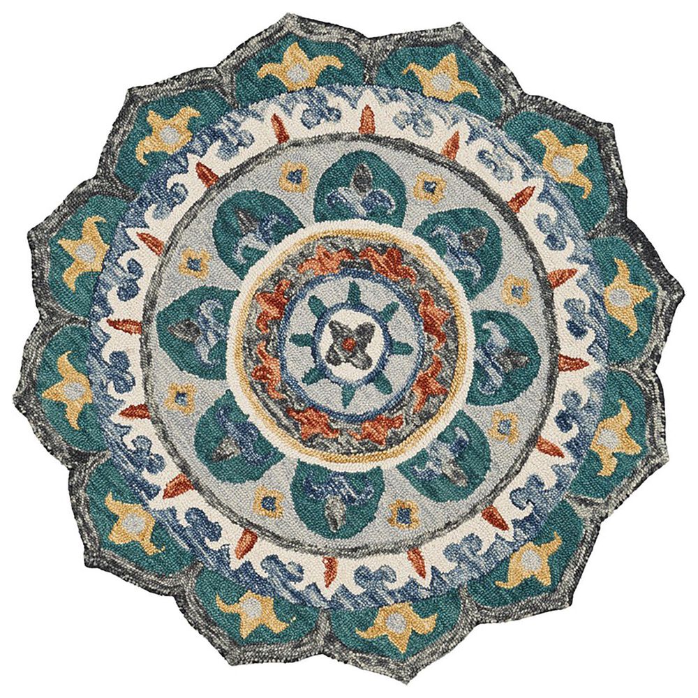 L&R Resources Sinuous Eclectic Floral Mandala 6" Scalloped Green and Multicolor Area Rug, , large