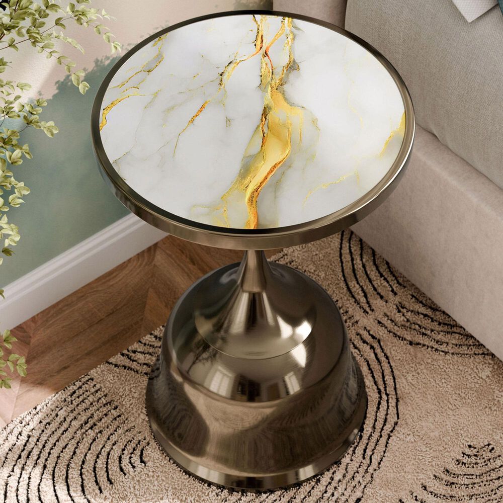 Furniture of America Gleam Round End Table in Antique Brass and White, , large