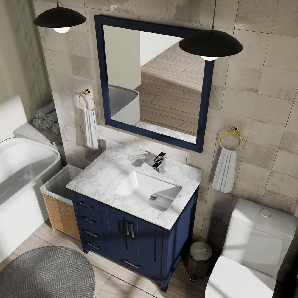 Lexora Home Jacques 36&quot; Right Offset Single Bathroom Vanity in Navy Blue with 2 cm White Carrara Marble Top and Rectangular Sink, , large