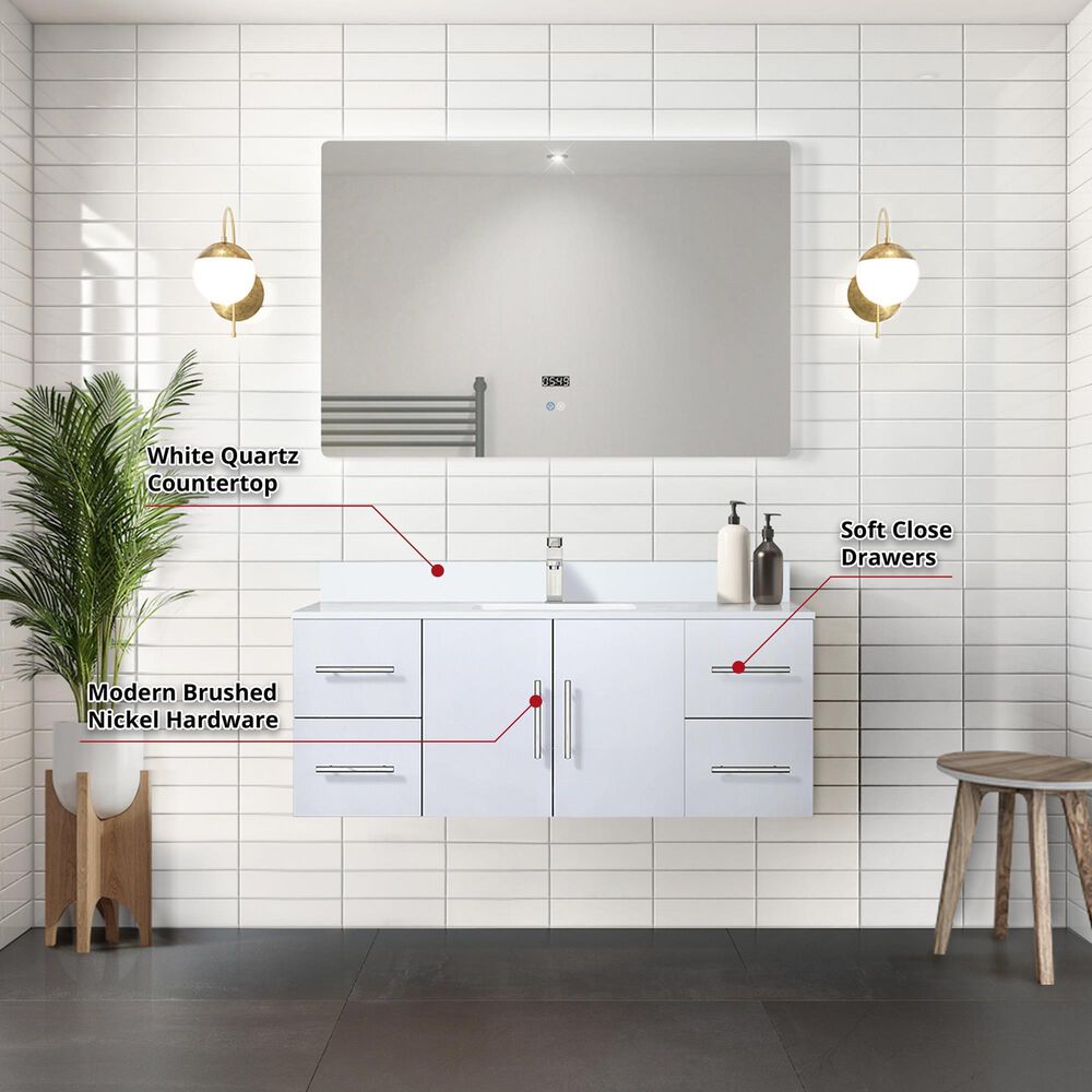 Lexora Home Geneva 48&quot; Single Bathroom Vanity in Glossy White with 2 cm White Quartz Top and Rectangular Sink, , large