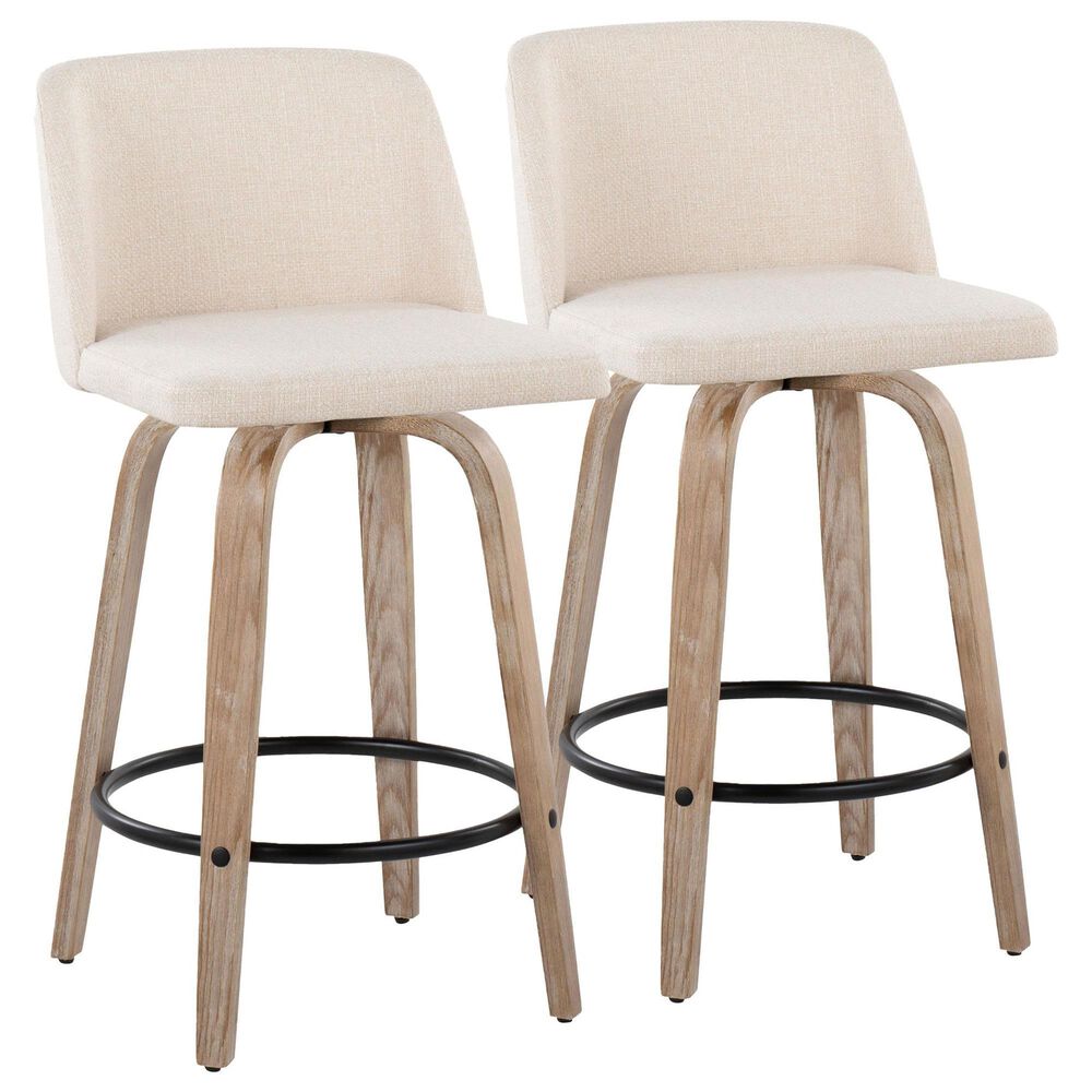 LumiSource Toriano Swivel Counter Stool with Cream Noise Fabric Upholstery in Whitewashed and Black (Set of 2), , large