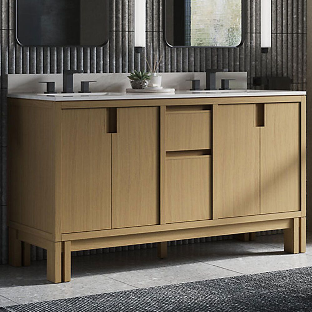 Kohler Solive 60" Double Bathroom Vanity in Light Oak with 2 cm White Quartz Top and Rectangular Sinks, , large