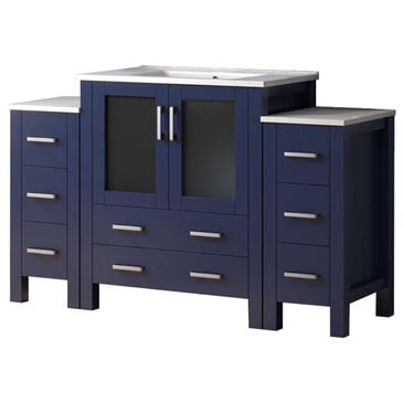 Lexora Home Volez 54" Single Bathroom Vanity in Navy Blue with 2 cm White Ceramic Top, Rectangular Sink and Side Cabinets, , large