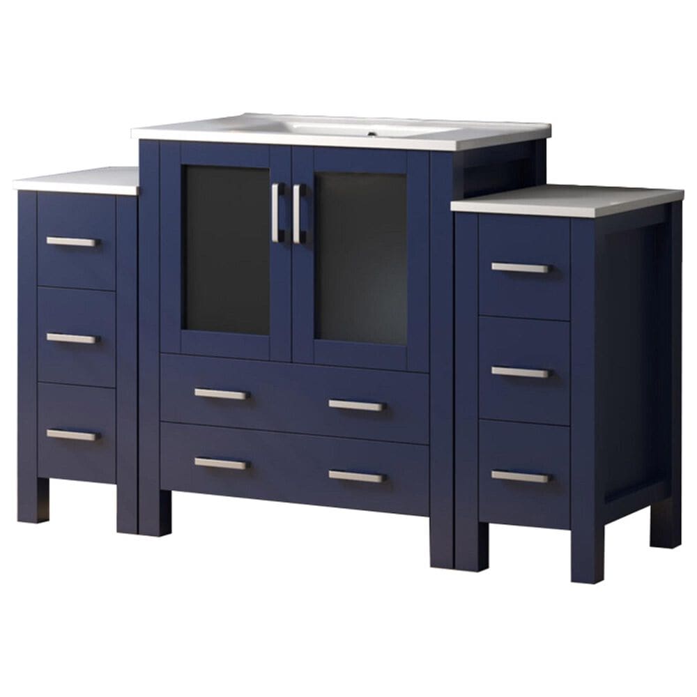 Lexora Home Volez 54" Single Bathroom Vanity in Navy Blue with 2 cm White Ceramic Top, Rectangular Sink and Side Cabinets, , large