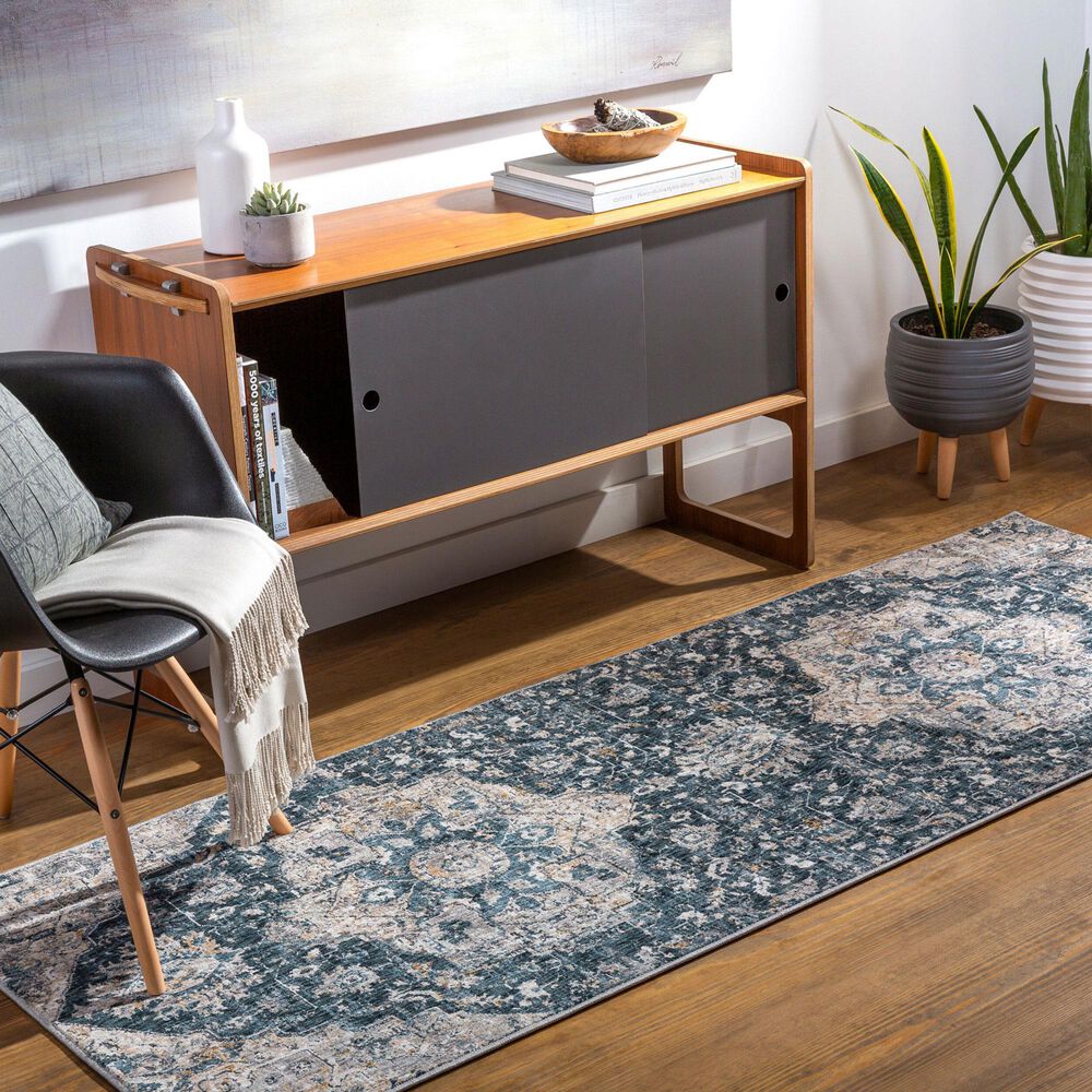 Surya Cardiff CDF-2307 Deep Teal, Blue, Light Gray, Medium Gray, Charcoal and Camel 2'7" x 10' Runner, , large