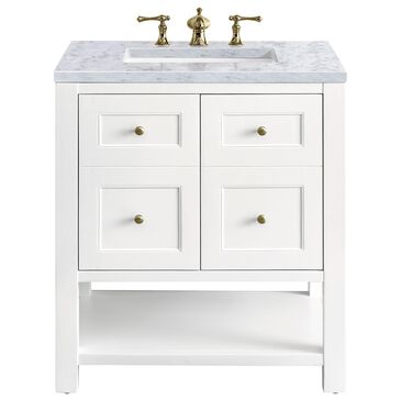 James Martin Vanities Breckenridge 30" Single Bathroom Vanity in Bright White with 3 cm Carrara White Marble Top and Rectangular Sink, , large