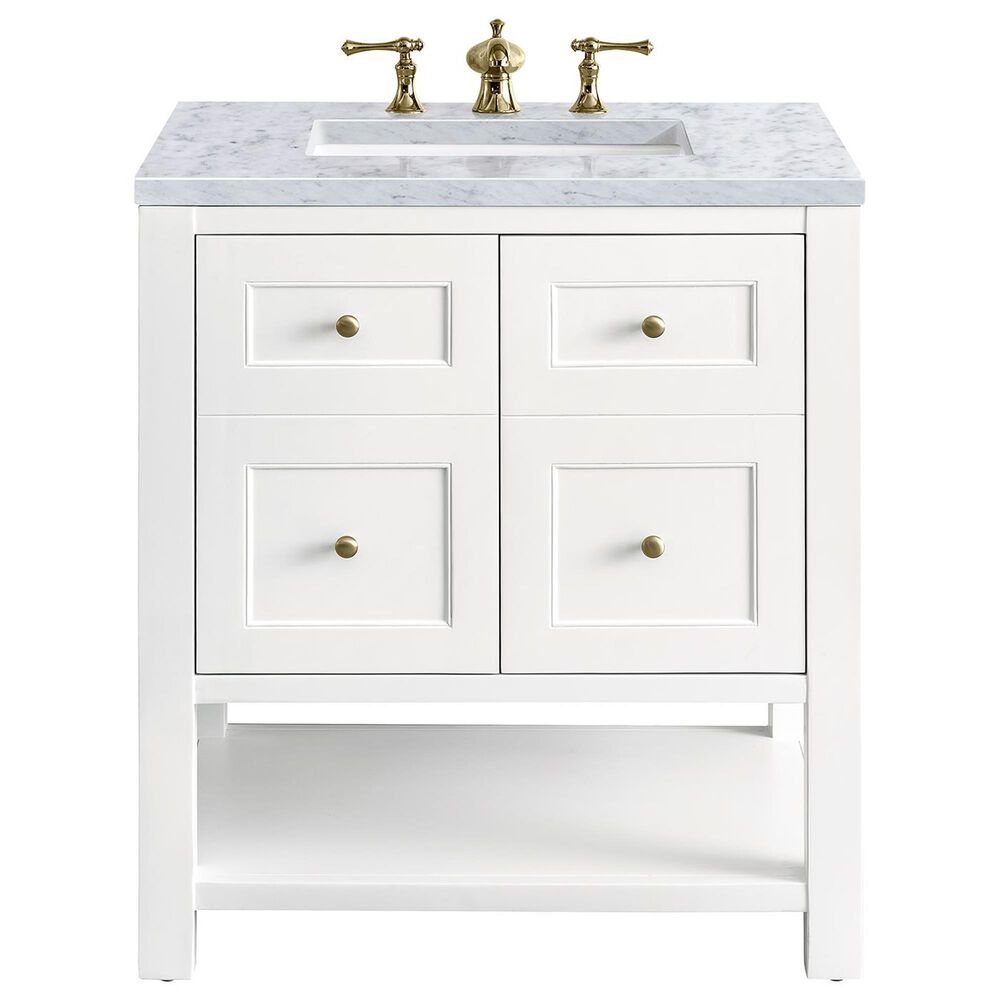 James Martin Vanities Breckenridge 30" Single Bathroom Vanity in Bright White with 3 cm Carrara White Marble Top and Rectangular Sink, , large