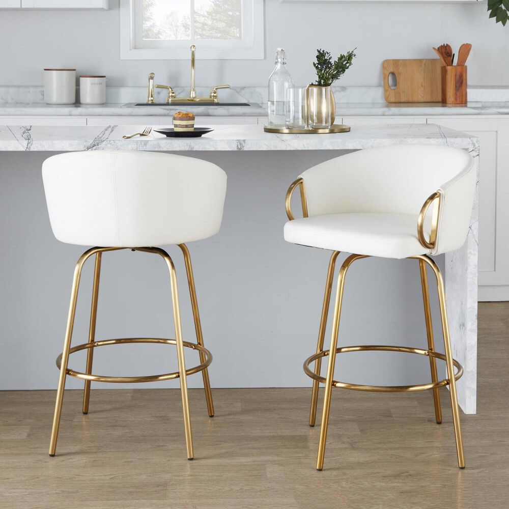 LumiSource Claire Swivel Counter Stool with White Faux Leather Upholstery in Gold (Set of 2), , large