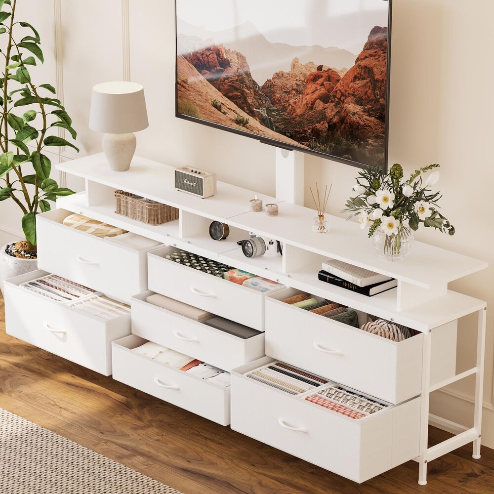 HOMLUX 63" 7-Drawer TV Stand with Adjustable TV Mount in Leather White, , large