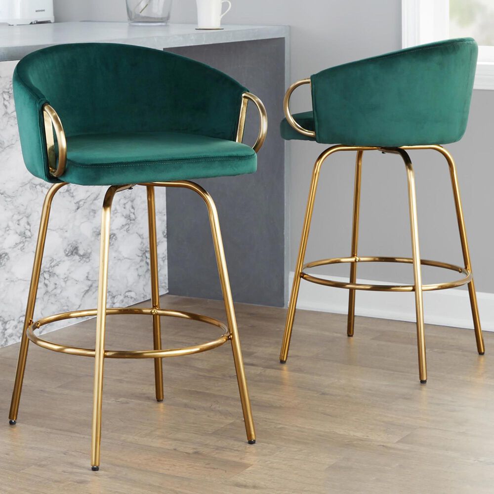 LumiSource Claire Swivel Counter Stool with Green Velvet Upholstery in Gold (Set of 2), , large