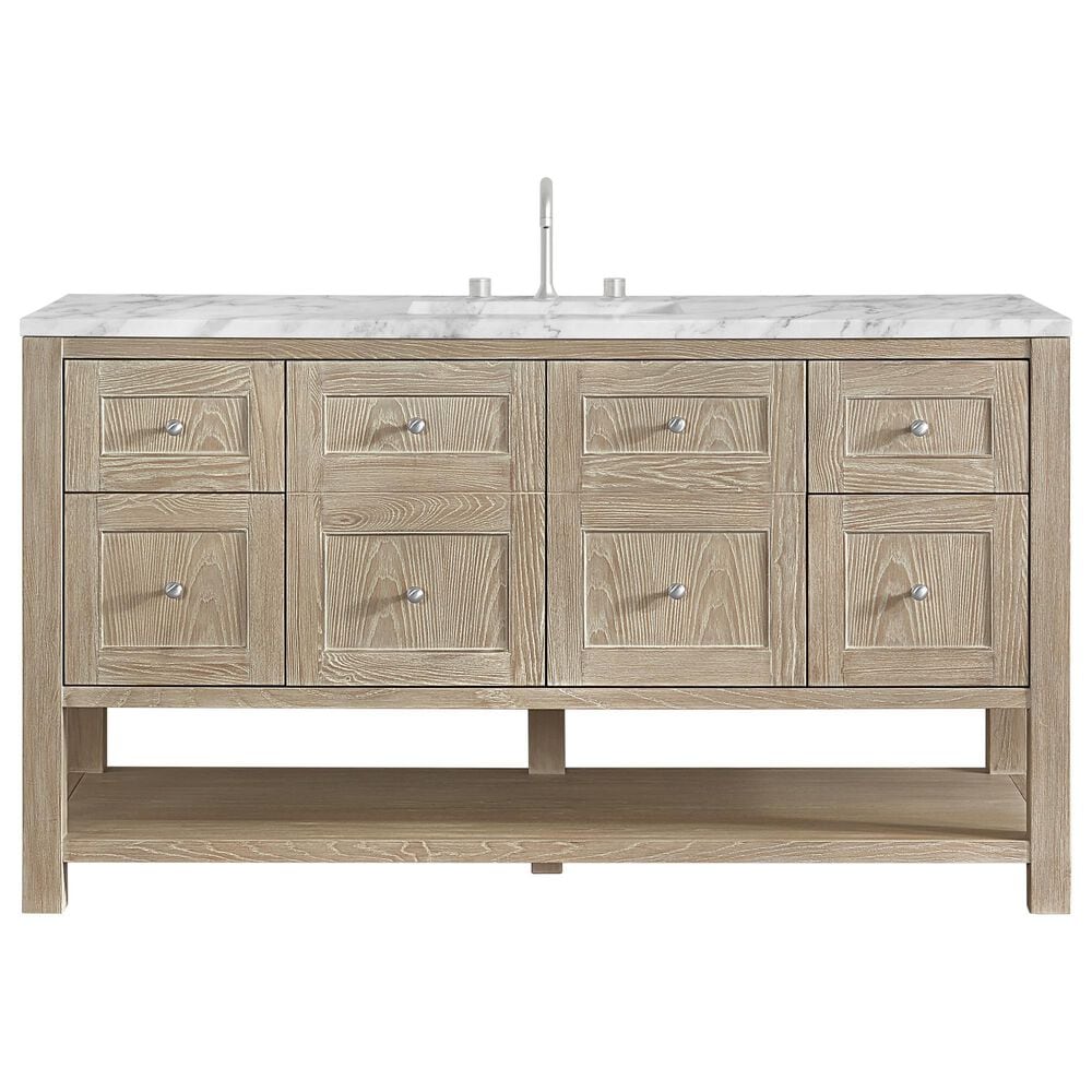 James Martin Vanities Breckenridge 60" Single Bathroom Vanity in Whitewashed Oak with 3 cm Carrara White Marble Top and Rectangular Sink, , large