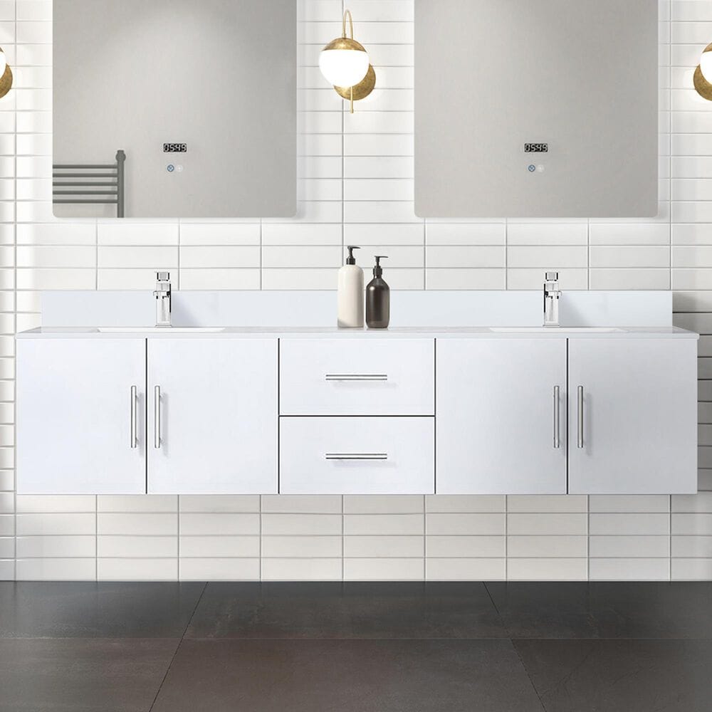 Lexora Home Geneva 80&quot; Double Bathroom Vanity in Glossy White with 2 cm White Quartz Top and Rectangular Sinks, , large