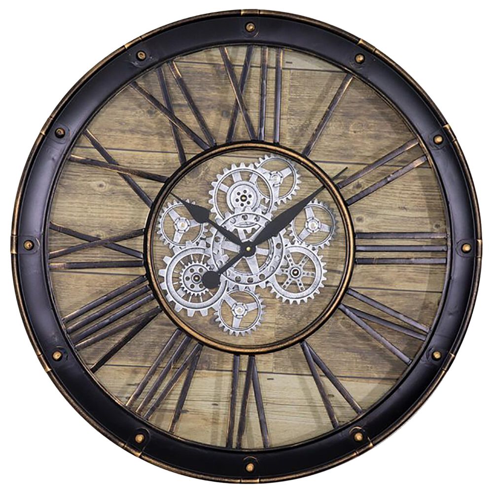 Yosemite Home Decor Venetian Woodgrain Gear Clock in Brown and Bronze, , large