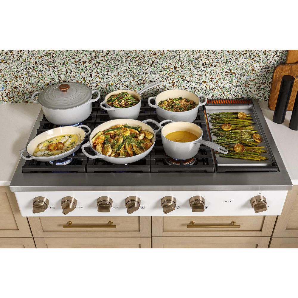 Cafe 48&quot; Natural Gas Rangetop with Integrated Griddle in Matte White and Brushed Bronze, , large