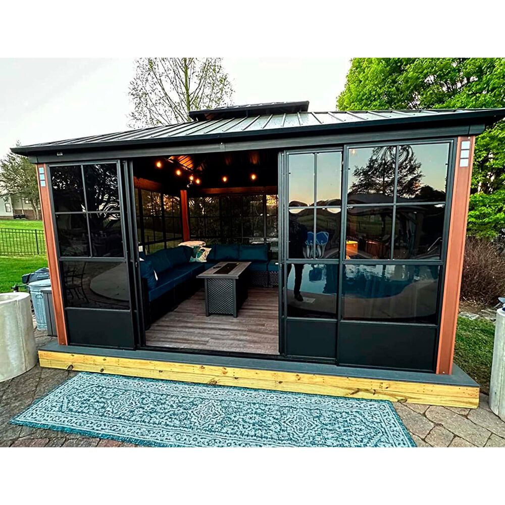 HOMLUX 12' x 14' Outdoor Hardtop Sunroom Gazebo with Aluminum Frame in Black, , large