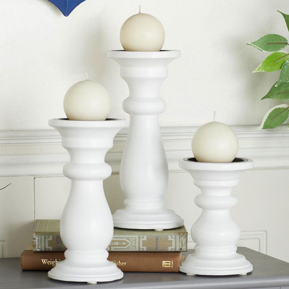 Maple and Jade 6&quot;, 8&quot;, 10&quot; Turned Style Pillar Decorative Candle Holder in White &#40;Set of 3&#41;, , large
