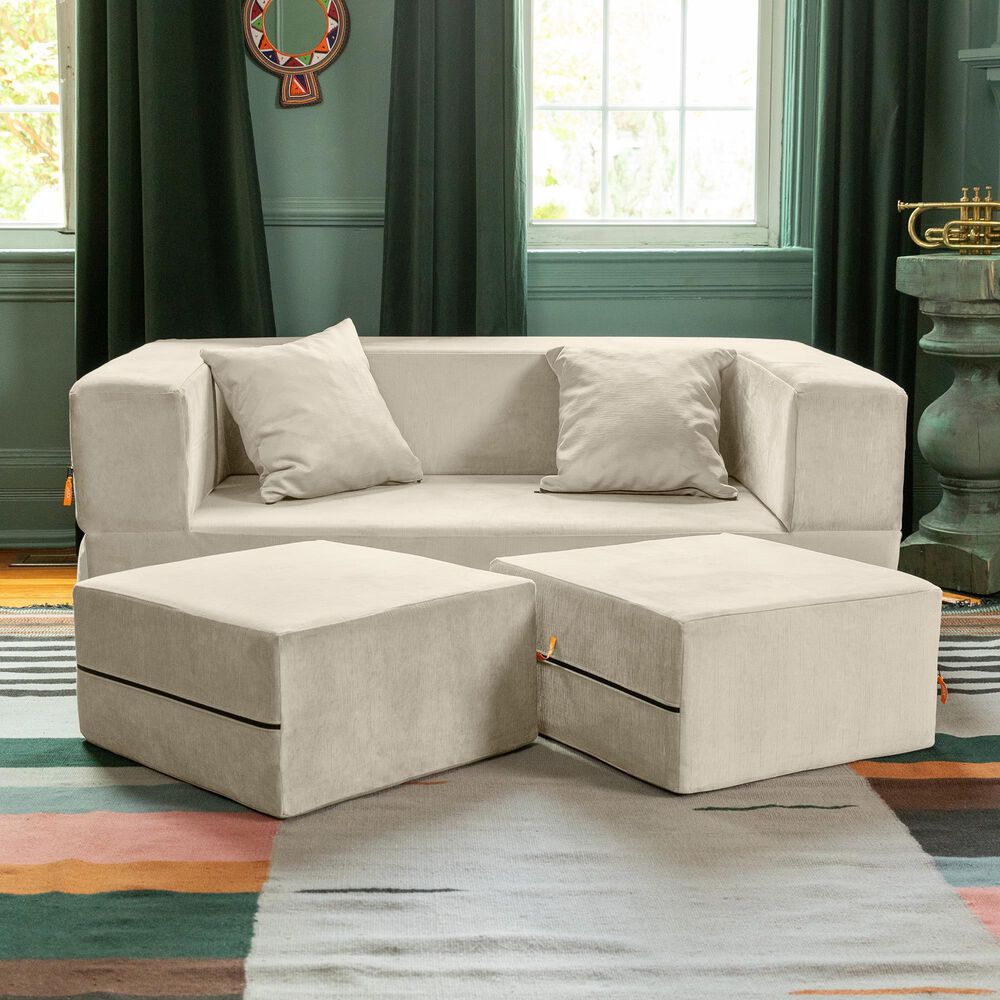 Jaxx Zipline 3-Piece Stationary Convertible Sleeper Loveseat in Ivory Velvet, , large