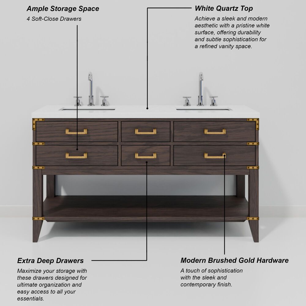Lexora Home Norwalk 60" Double Bathroom Vanity in Brown Oak with White Quartz Top and Rectangular Sinks, , large