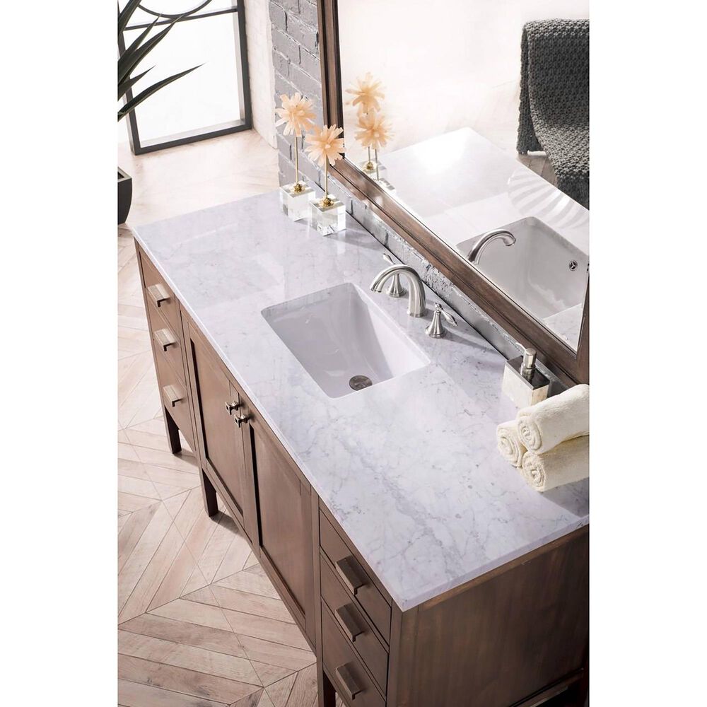 James Martin Addison 60" Single Bathroom Vanity in Mid Century Acacia with 3 cm Carrara White Marble Top, , large