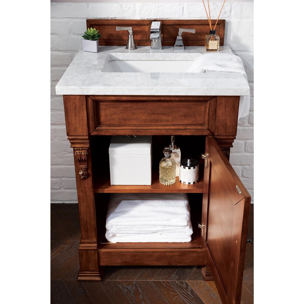 James Martin Vanities Brookfield 26&quot; Single Bathroom Vanity in Warm Cherry with 3 cm Carrara White Marble Top and Rectangle Sink, , large