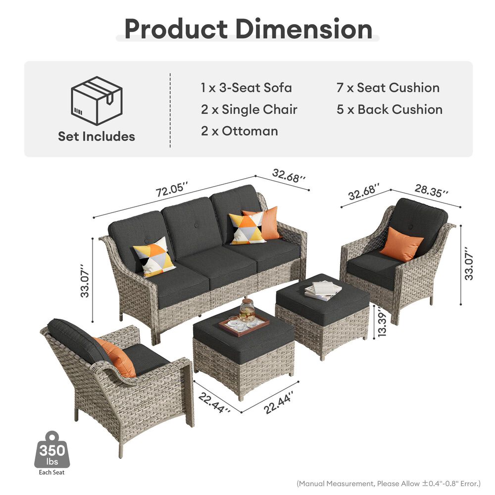 HOMLUX 5-Piece Patio Conversation Set with Two Ottomans in Black, , large