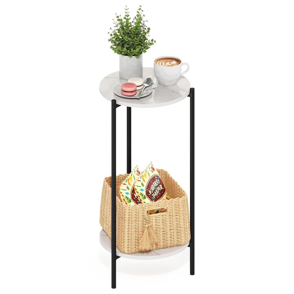 HOMLUX 2-Tier Modern Tall Round Side End Table with Sturdy Metal Leg in Marble White and Black, , large