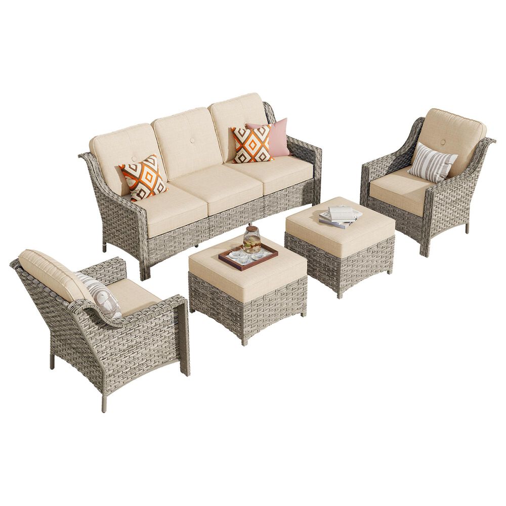 HOMLUX 5-Piece Patio Conversation Set with Two Ottomans in Beige, , large