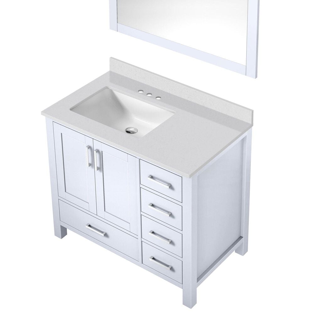 Lexora Home Jacques 36&quot; Left Offset Single Bathroom Vanity in Dark Grey with 2 cm White Quartz Top, Rectangular Sink and 34&quot; Mirror, , large