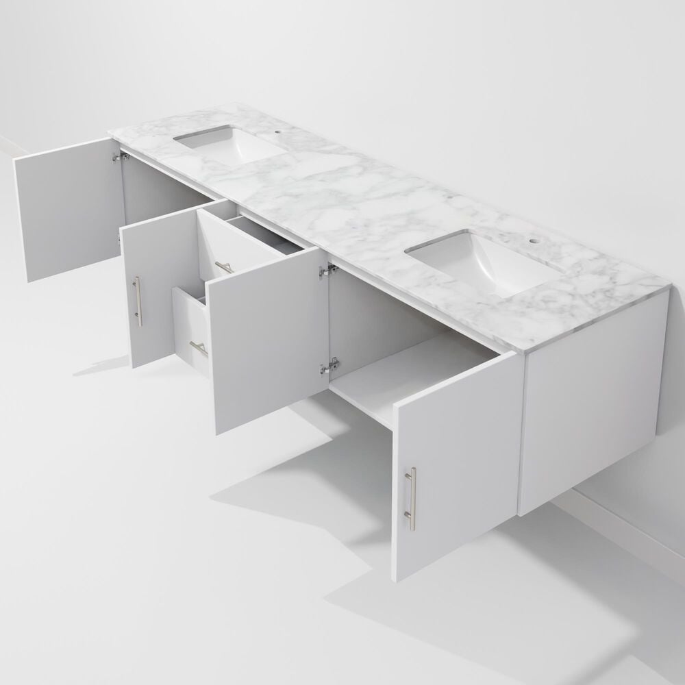 Lexora Home Geneva 80" Double Bathroom Vanity in Glossy White with 2 cm White Carrara Marble Top and Rectangular Sinks, , large