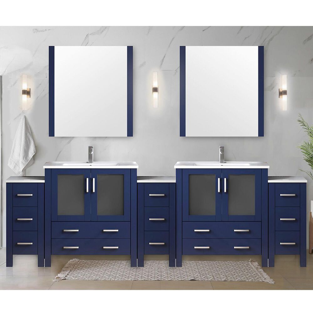 Lexora Home Volez 108" Double Bathroom Vanity in Navy Blue with 2 cm White Ceramic Top, Rectangular Sinks and Side Cabinets, , large