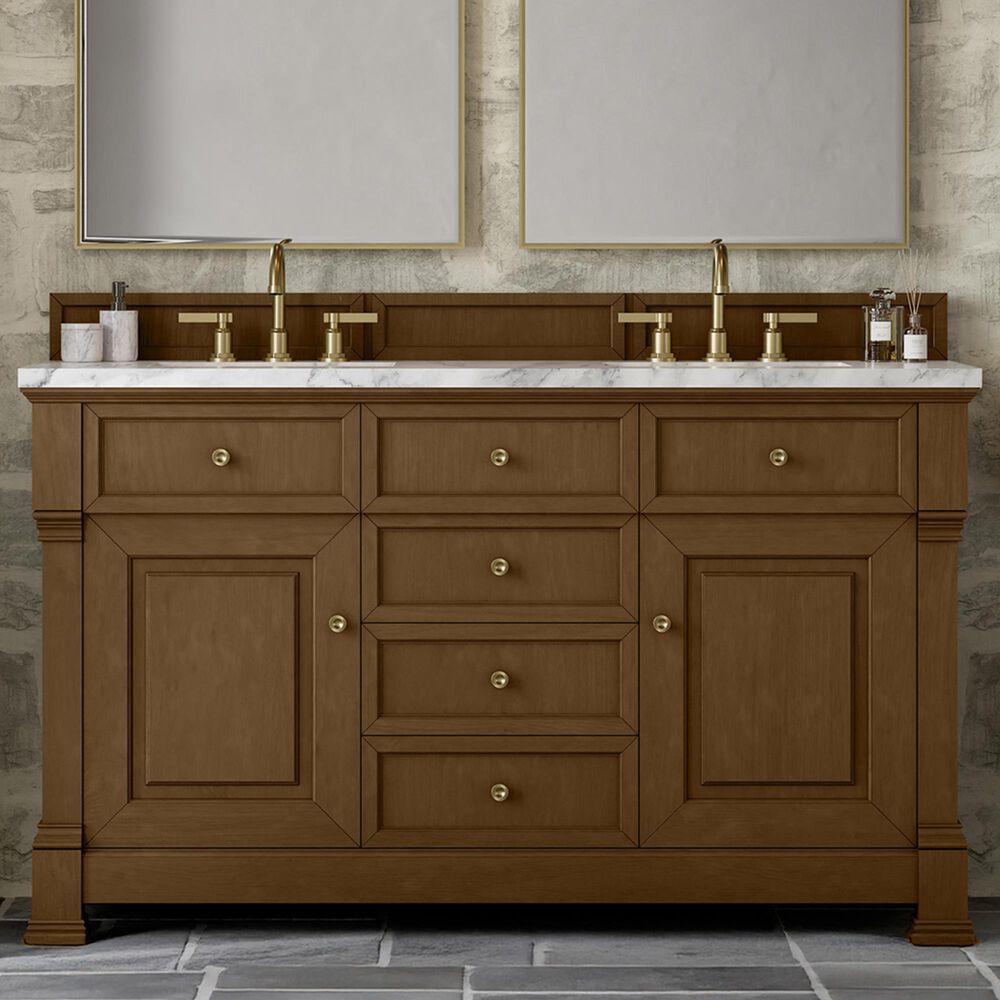James Martin Vanities Brookfield 60&quot; Double Bathroom Vanity in Honey Oak with 3 cm Carrara White Marble Top and Rectangular Sinks, , large