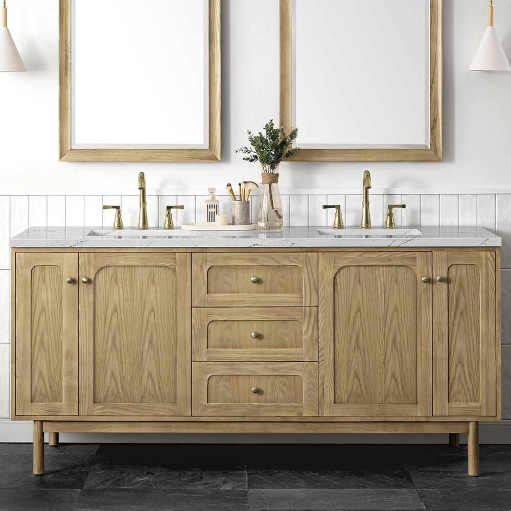 James Martin Vanities Laurent 72&quot; Double Bathroom Vanity in Light Natural Oak with 3 cm Ethereal Noctis Quartz Top and Rectangular Sinks, , large